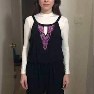 Black M Beaded Sleeveless Jumpsuit Romper w/ side pockets Nicole Miller Jogger